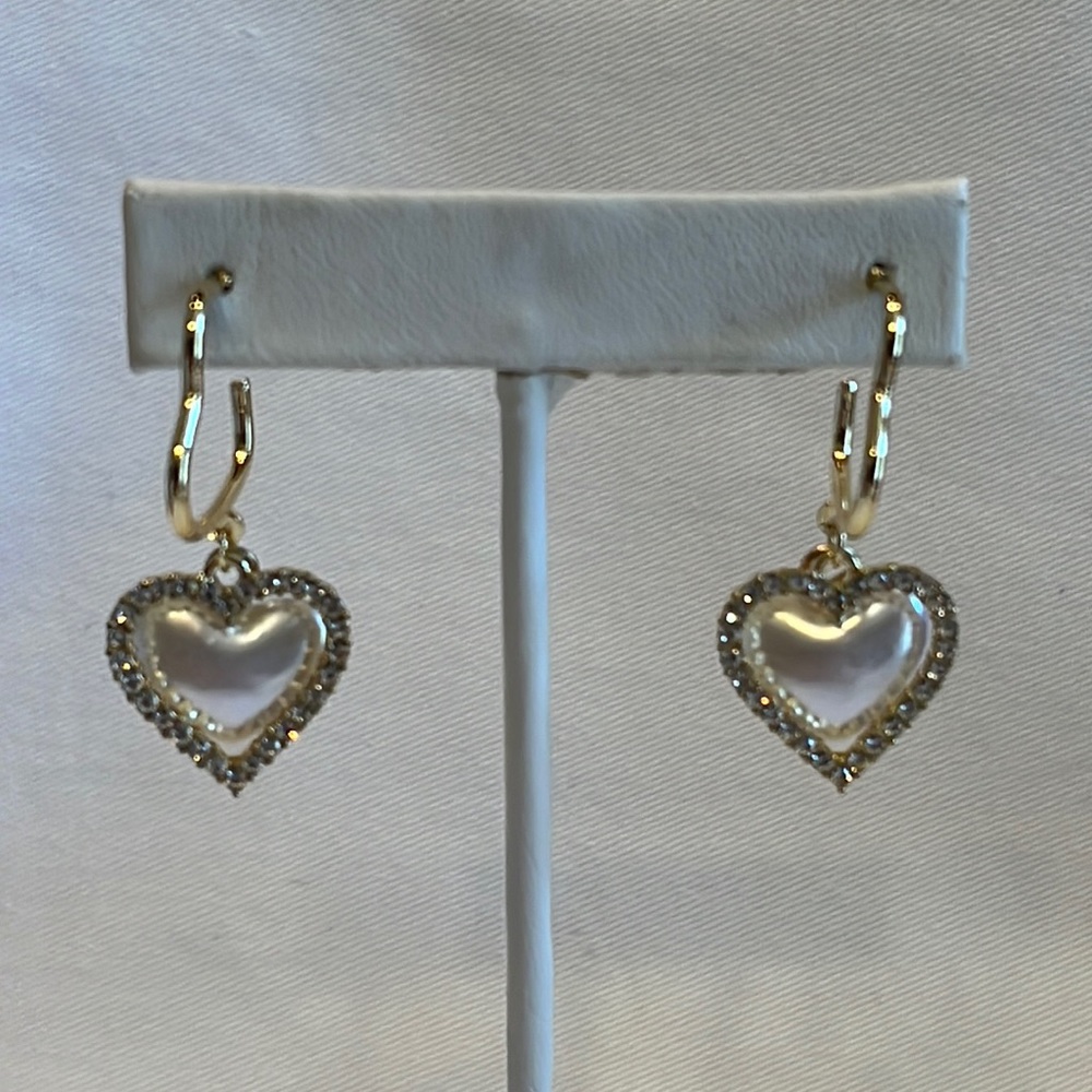 Gold Heart Drop Earrings with Pearl Center